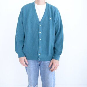 Vintage '80S Arnold Palmer Teal Wool Fine Knit Button Up Cardigan Sweater Large